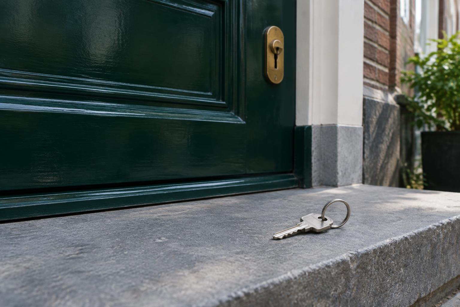 Een sleutel op een Amsterdamse stoep voor een groene voordeur